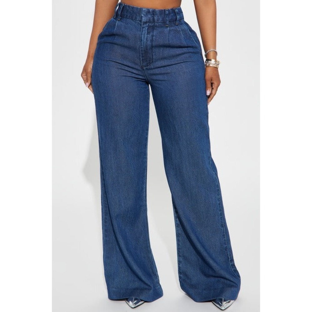 Fashion Nova Cant Get Me Trouser Jeans Dark Wash Wide Leg